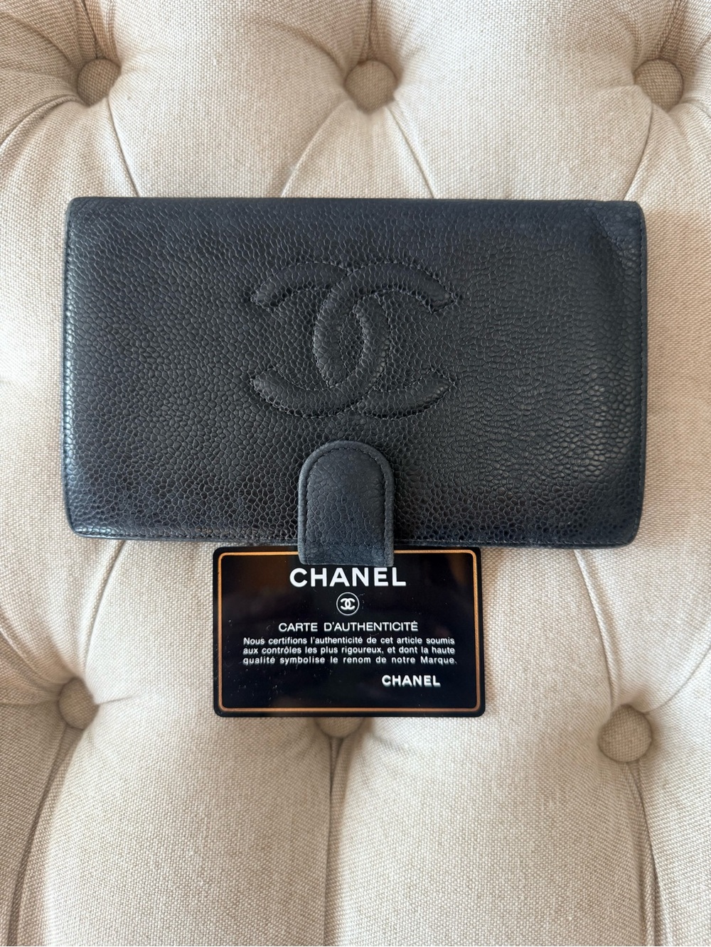 CHANEL Vintage Black Caviar Timeless CC Long Bifold Wallet with Card